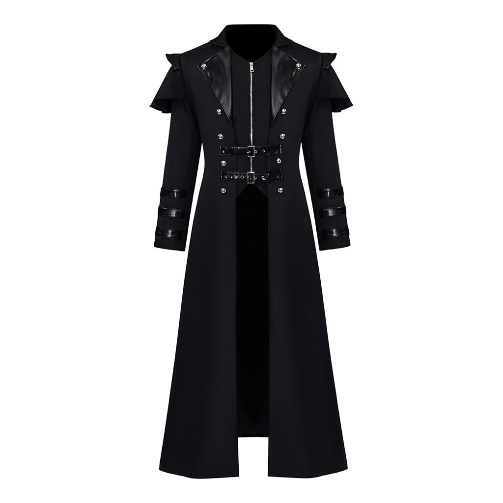 Medieval Style Black Long Coat with Shoulder Embellishments Metal Buttons Zipper for Historical Reenactments Cosplay Events Halloween