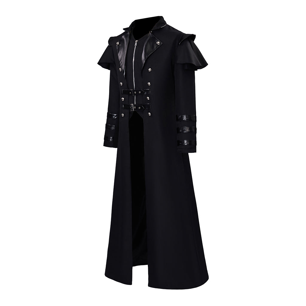 Medieval Style Black Long Coat with Shoulder Embellishments Metal Buttons Zipper for Historical Reenactments Cosplay Events Halloween