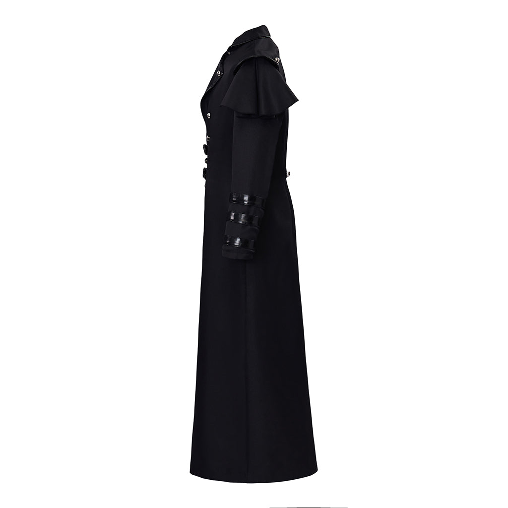 Medieval Style Black Long Coat with Shoulder Embellishments Metal Buttons Zipper for Historical Reenactments Cosplay Events Halloween