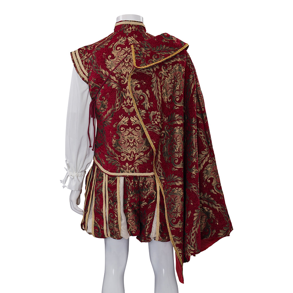 Medieval Regal Crimson Vest with Gold Embroidery Asymmetrical Cape White Undershirt or Historical Reenactments Halloween Christmas