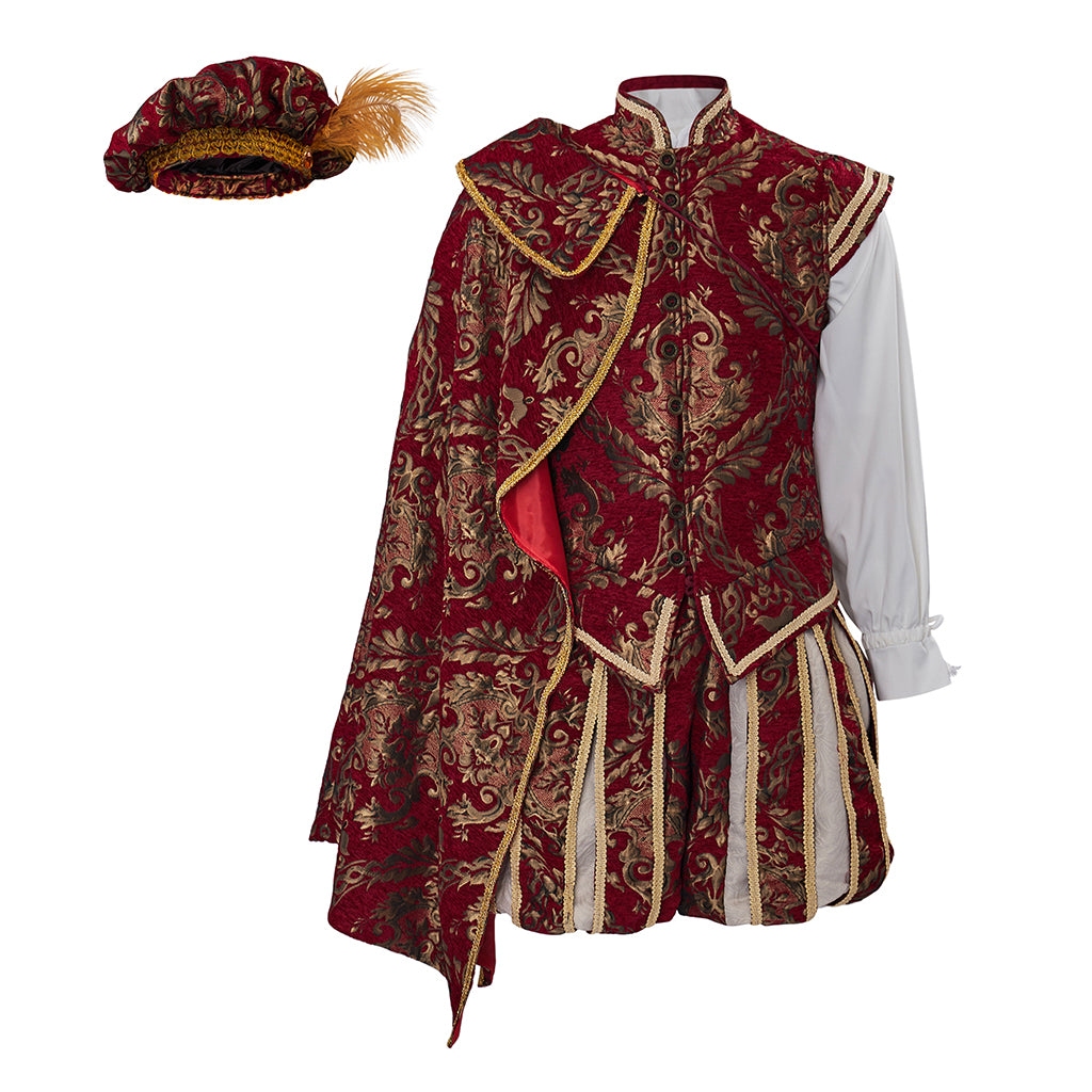 Medieval Regal Crimson Vest with Gold Embroidery Asymmetrical Cape White Undershirt or Historical Reenactments Halloween Christmas