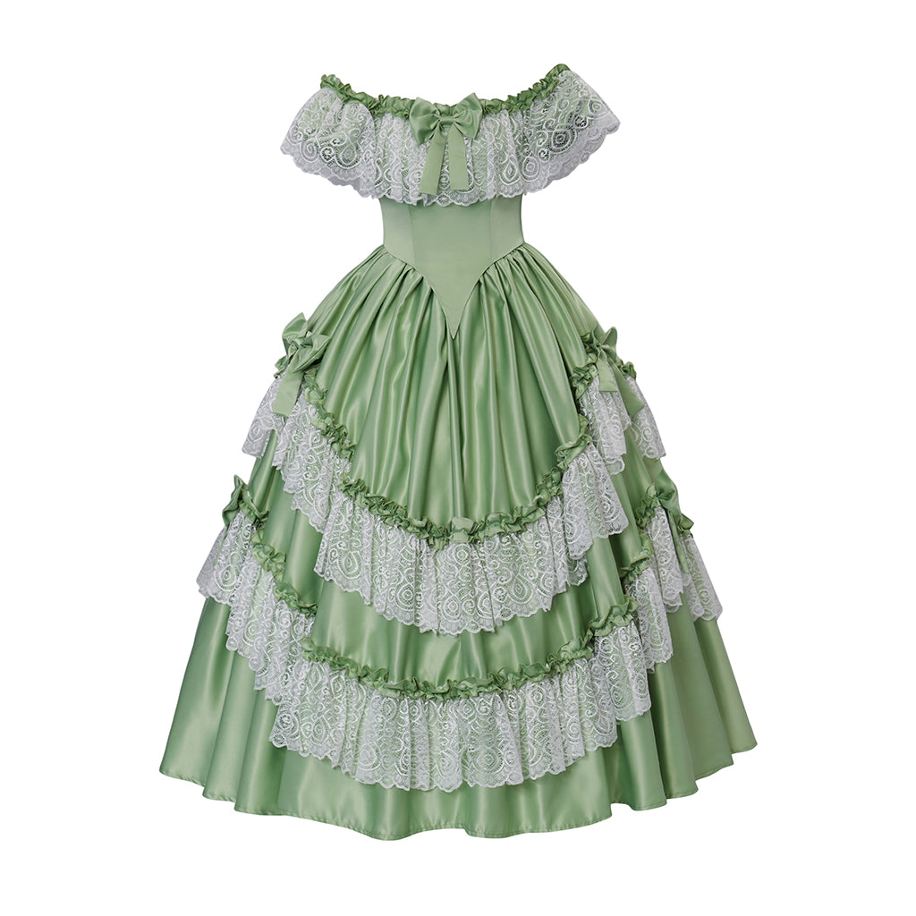 Medieval Style Light Green Off-Shoulder Gown with Layered White Lace Ruffles for Historical Reenactments Cosplay Events Halloween Christmas