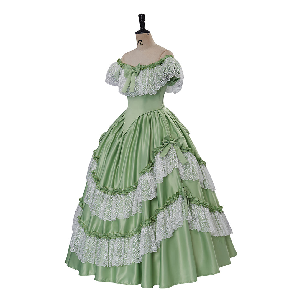 Medieval Style Light Green Off-Shoulder Gown with Layered White Lace Ruffles for Historical Reenactments Cosplay Events Halloween Christmas