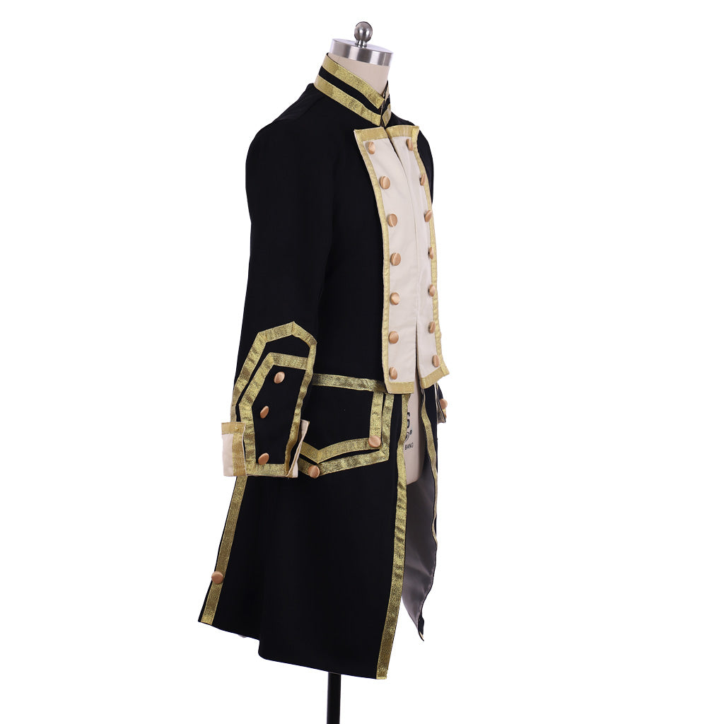 Medieval Men's Black and Gold Empire Military Coat with Ornate Gold Accents Cosplay Stage Costume Adult Halloween Christmas Party Themed Outfit