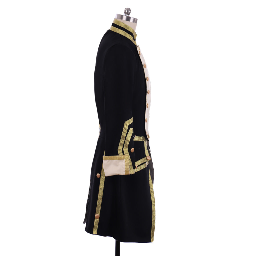 Medieval Men's Black and Gold Empire Military Coat with Ornate Gold Accents Cosplay Stage Costume Adult Halloween Christmas Party Themed Outfit