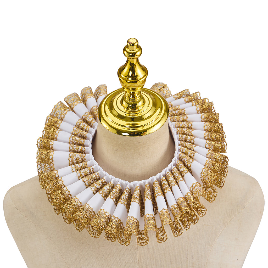 Renaissance Inspired Gold and White Embellished Ruff Collar for Historical Reenactments Renaissance Themed Gatherings Cosplay Halloween Christmas