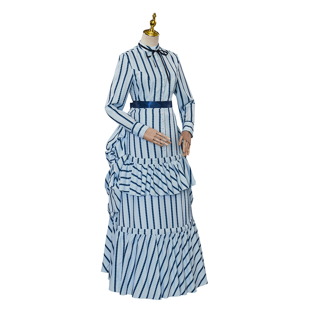 Medieval Style Blue and White Striped Gown with High Neck Bow Tie Fitted Waist Ruffled for Historical Reenactments Cosplay Events Halloween
