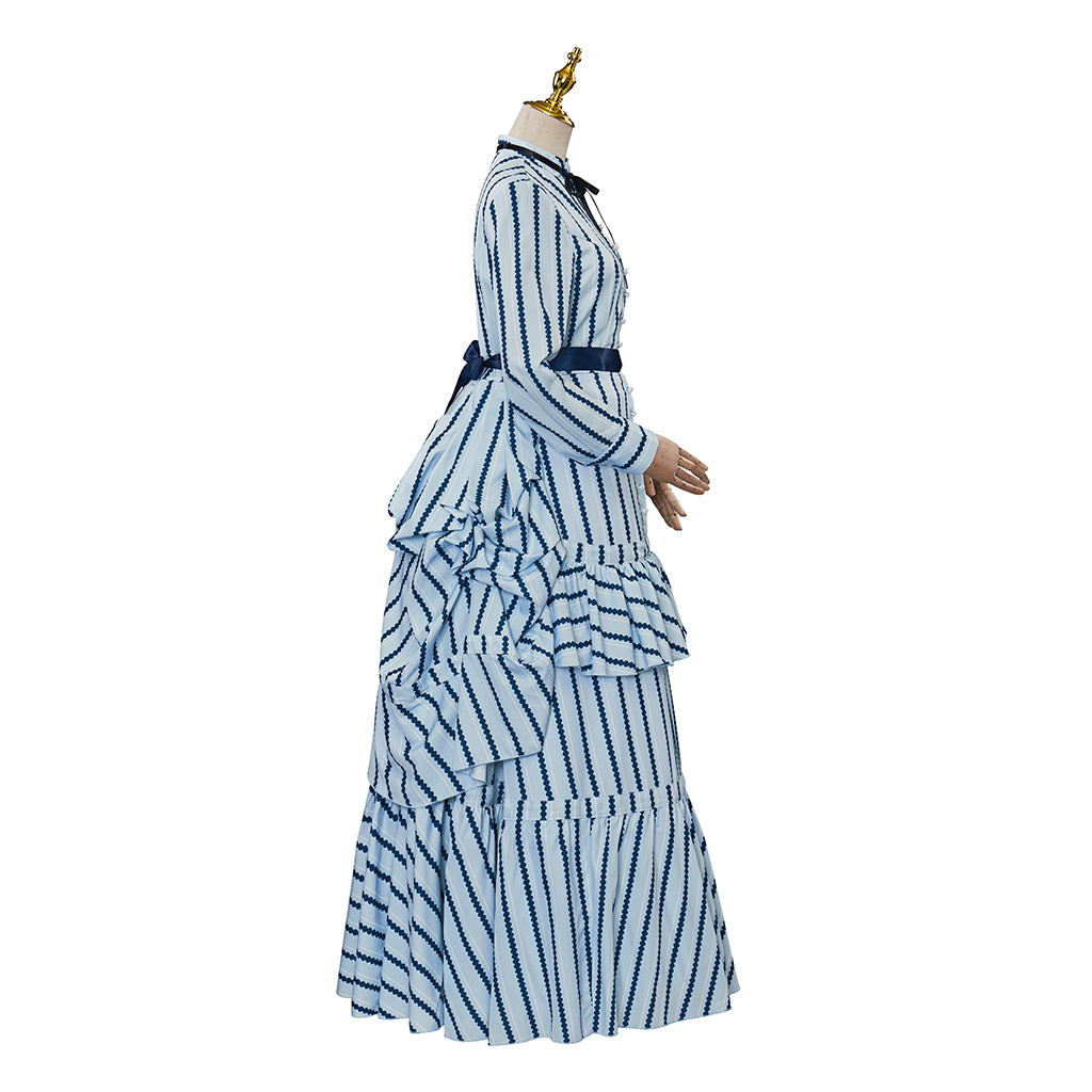 Medieval Style Blue and White Striped Gown with High Neck Bow Tie Fitted Waist Ruffled for Historical Reenactments Cosplay Events Halloween