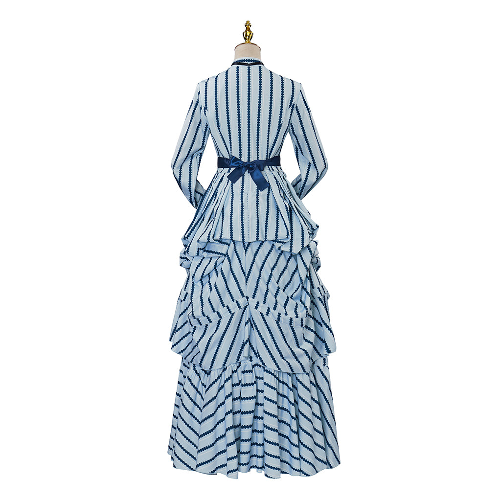 Medieval Style Blue and White Striped Gown with High Neck Bow Tie Fitted Waist Ruffled for Historical Reenactments Cosplay Events Halloween