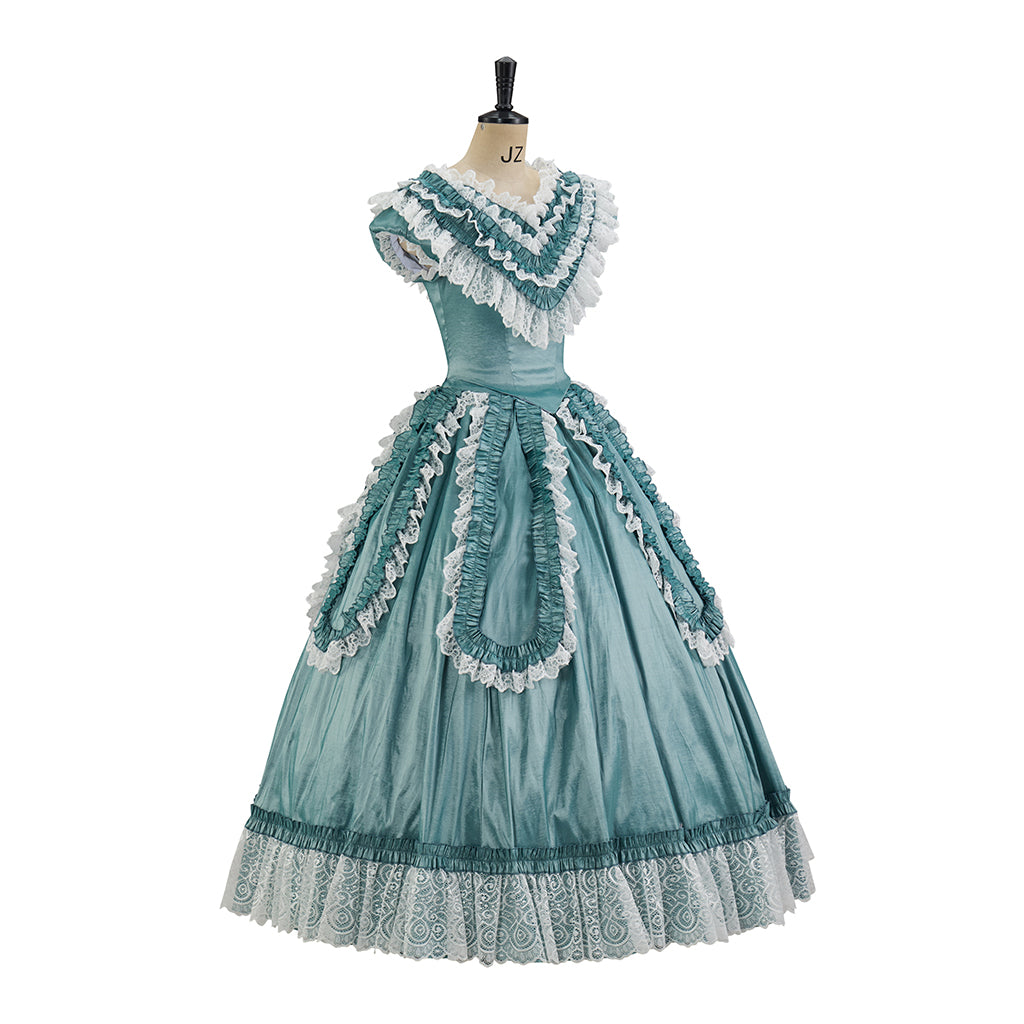 Victorian Inspired Light Turquoise V Neck Ruffled Gown with White Lace Embellishments for Historical Reenactments Victorian Cosplay Halloween Christmas