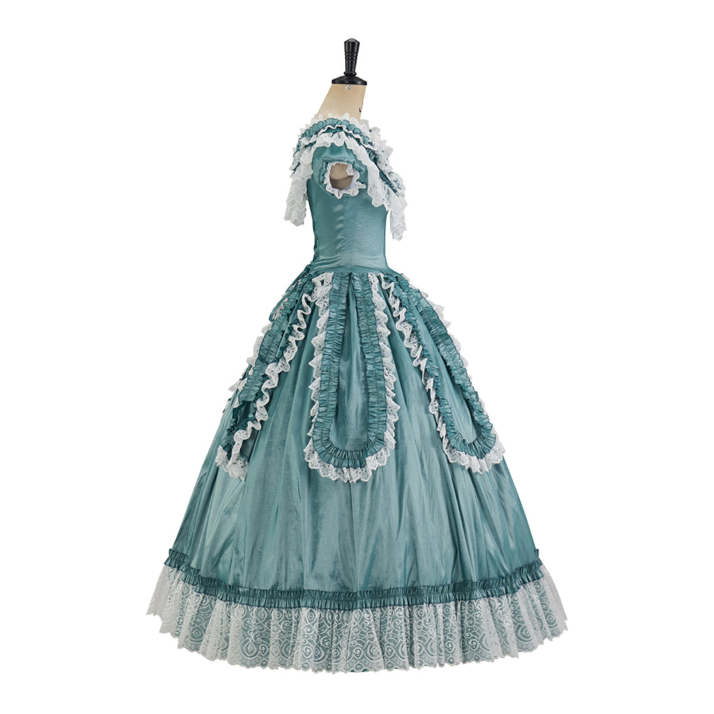 Victorian Inspired Light Turquoise V Neck Ruffled Gown with White Lace Embellishments for Historical Reenactments Victorian Cosplay Halloween Christmas