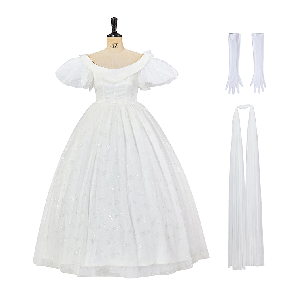 Regency Inspired White Lace Short Sleeved Gown with Matching Headband and Gloves for Historical Reenactments Regency Themed Gatherings Cosplay Halloween Christmas