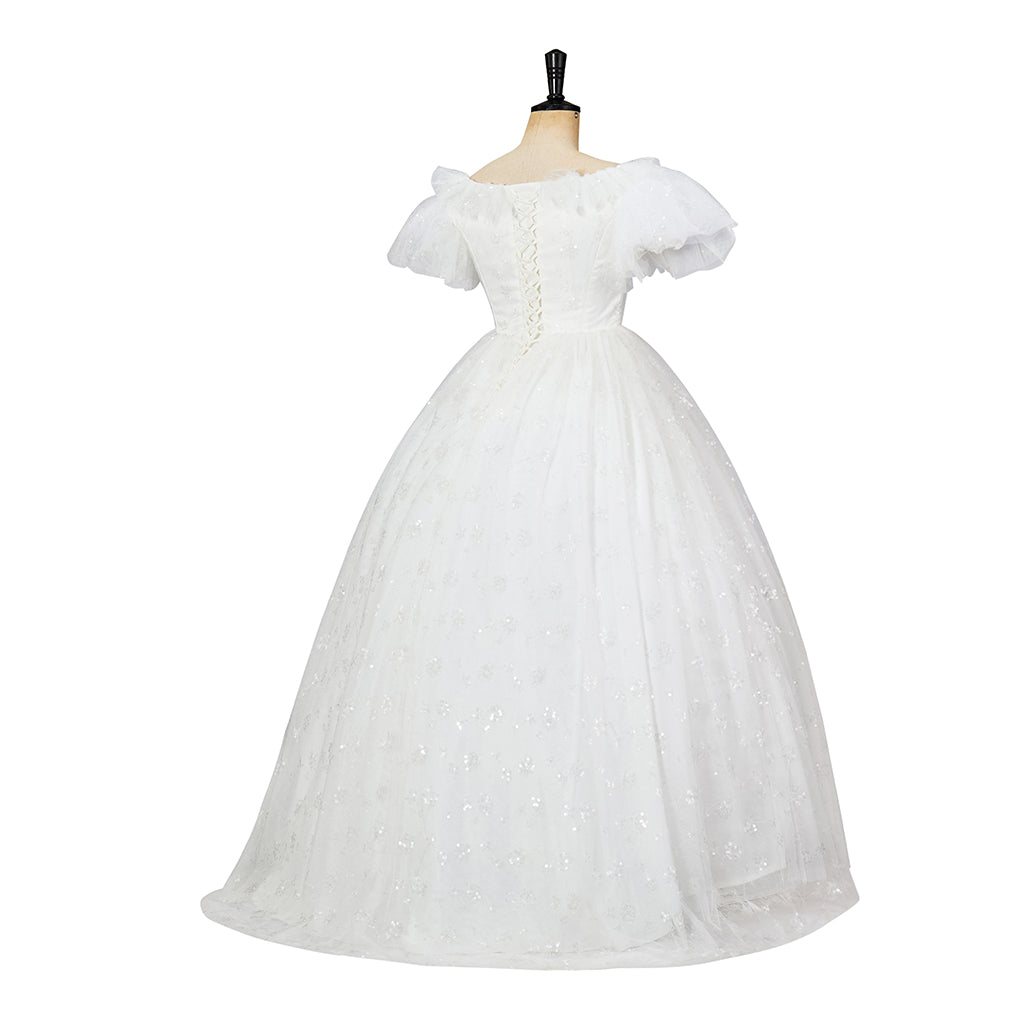Regency Inspired White Lace Short Sleeved Gown with Matching Headband and Gloves for Historical Reenactments Regency Themed Gatherings Cosplay Halloween Christmas