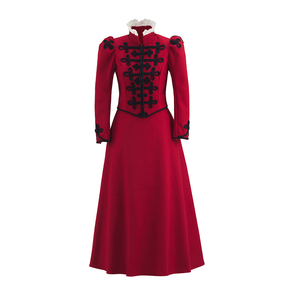Gothic Style Red High Necked Long Dress with Black Embellishments on Collar Cuffs and Chest for Cosplay Events Gothic Themed Gatherings Halloween Christmas
