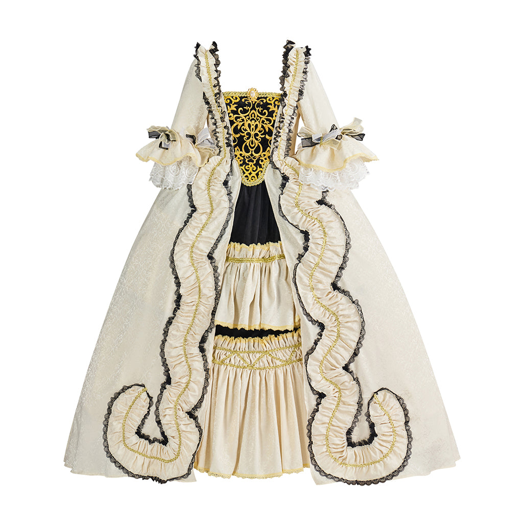 Rococo Inspired Ornate Embroidered Court Gown with Elaborate Trim for Historical Reenactments Renaissance Fairs Themed Balls Cosplay Halloween Christmas