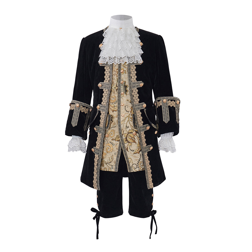 Medieval Style Black Tailcoat with Gold Embroidered Details White Ruffled Collar for Historical Reenactments Cosplay Events Halloween