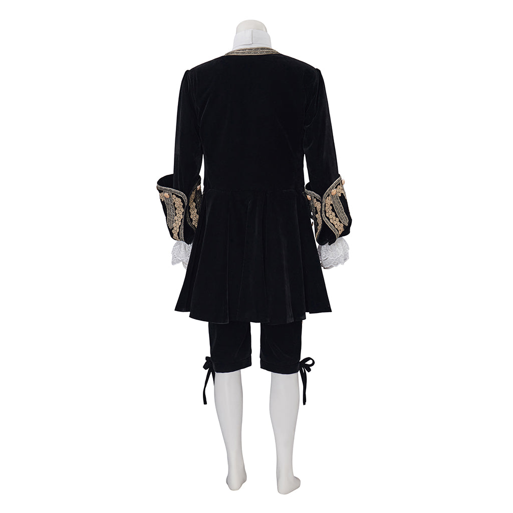Medieval Style Black Tailcoat with Gold Embroidered Details White Ruffled Collar for Historical Reenactments Cosplay Events Halloween