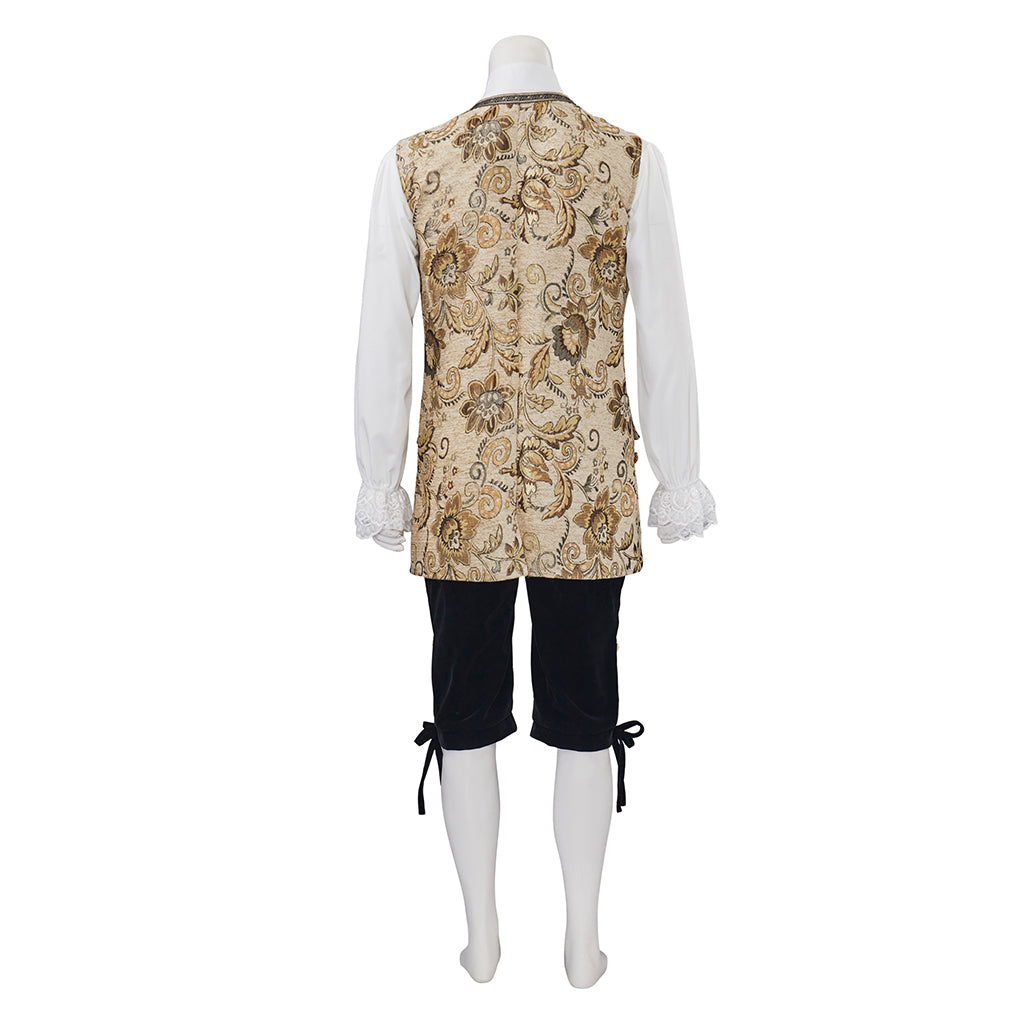 Medieval Style Black Tailcoat with Gold Embroidered Details White Ruffled Collar for Historical Reenactments Cosplay Events Halloween
