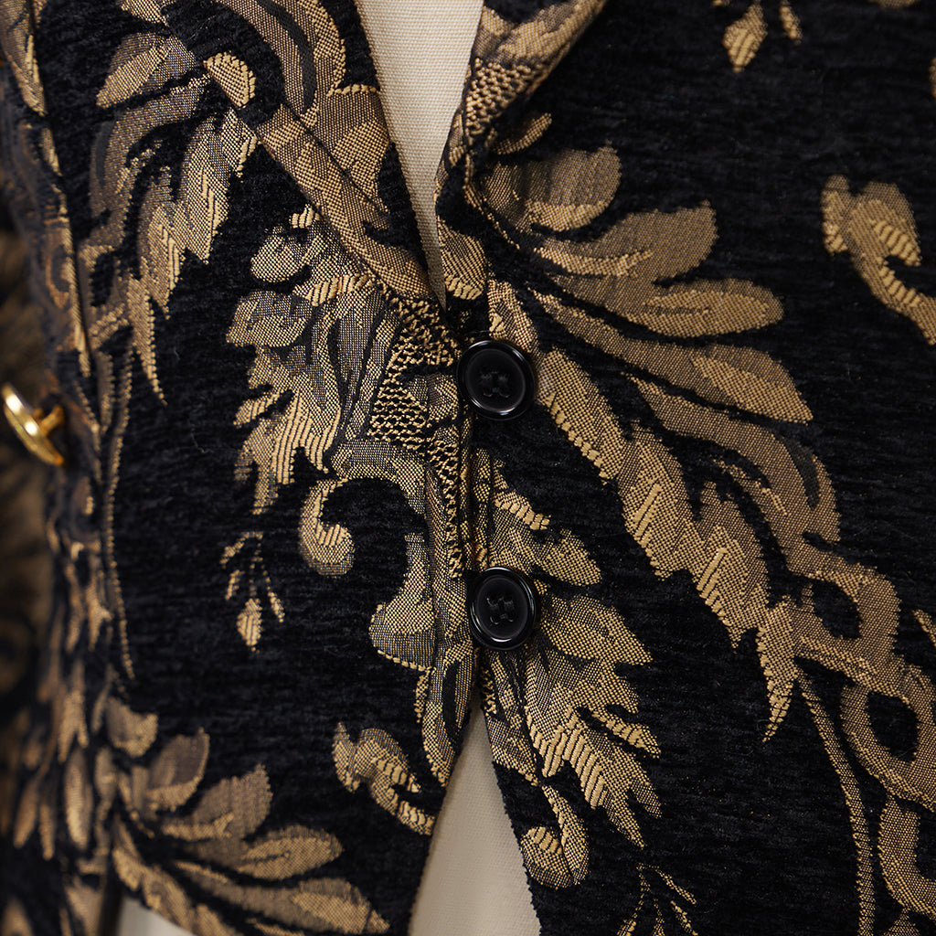 Medieval Style Black Brocade Tailcoat with Golden Embroidered Motifs Fitted Cut for Historical Reenactments Halloween Christmas