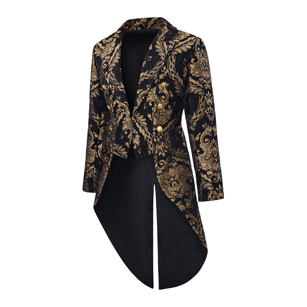 Medieval Style Black Brocade Tailcoat with Golden Embroidered Motifs Fitted Cut for Historical Reenactments Halloween Christmas
