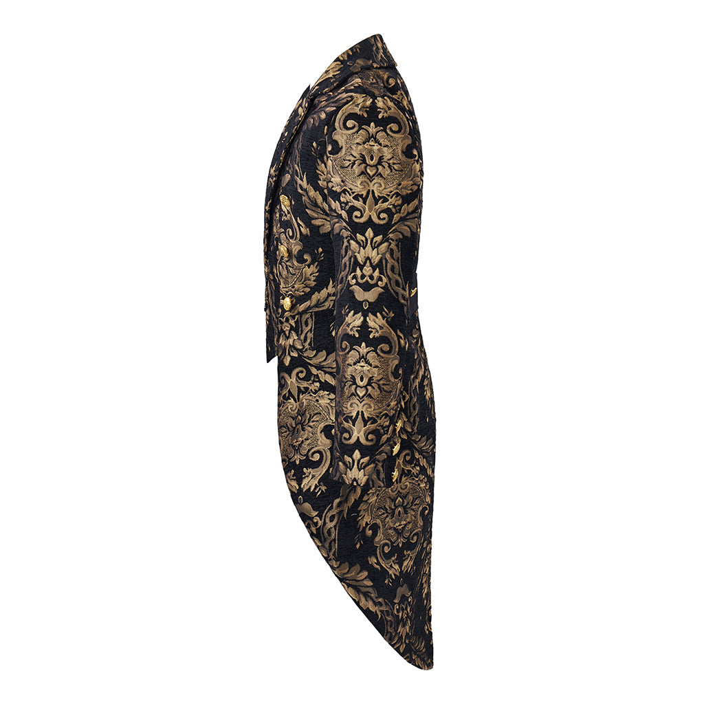Medieval Style Black Brocade Tailcoat with Golden Embroidered Motifs Fitted Cut for Historical Reenactments Halloween Christmas