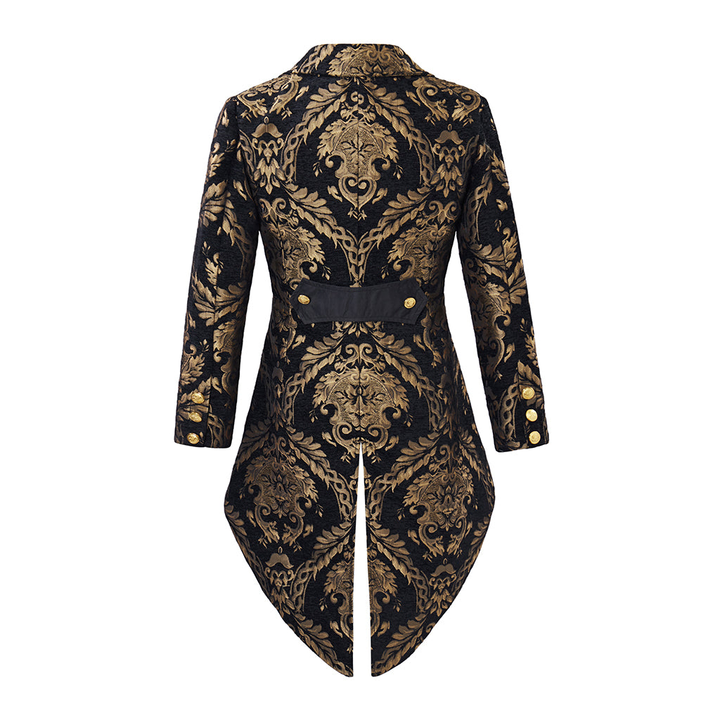 Medieval Style Black Brocade Tailcoat with Golden Embroidered Motifs Fitted Cut for Historical Reenactments Halloween Christmas