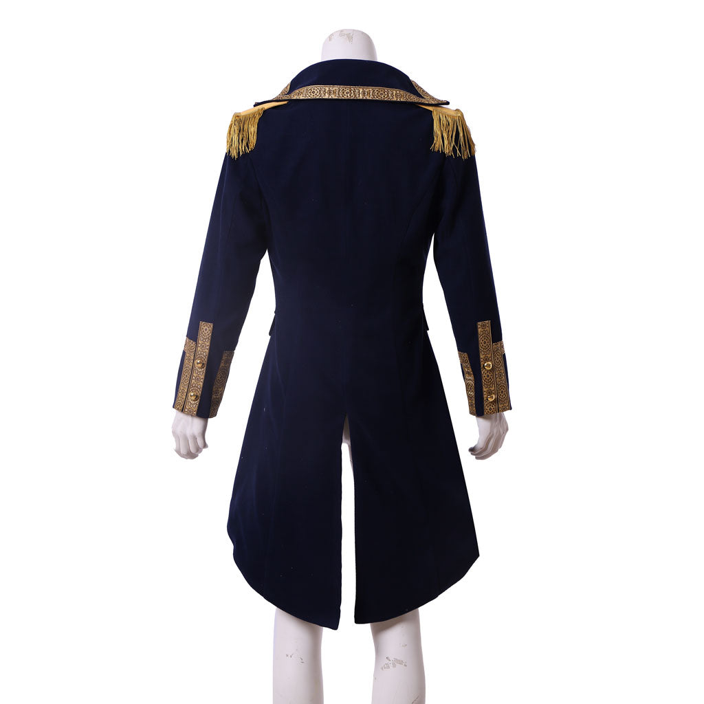 Medieval Men's Navy Blue with Gold Trim Military Tailcoat Costume for Cosplay Themed Events Halloween Christmas or Themed Parties