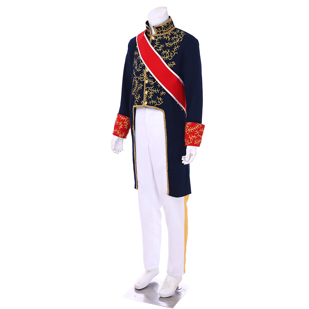 Victorian Men's Navy Blue Gold Accented Military Inspired Noble Court Costume with Red Sash Cuffs Cosplay Stage Outfit Adult Halloween Christmas Party Themed Outfit