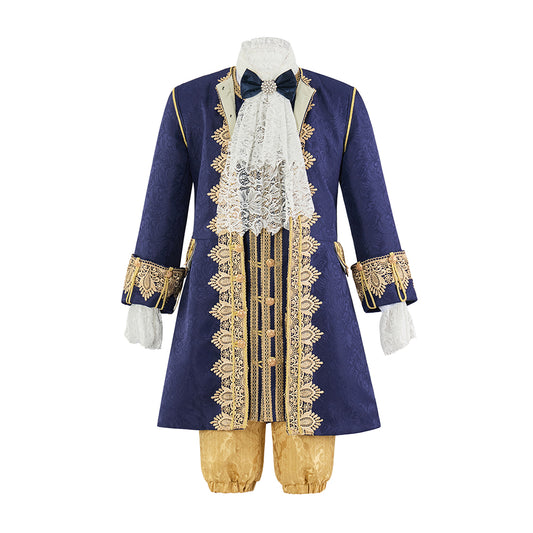 Medieval Renaissance Royal Blue and Gold Brocade Court Suit with Lace Trim for Theatrical Performances and Halloween Christmas