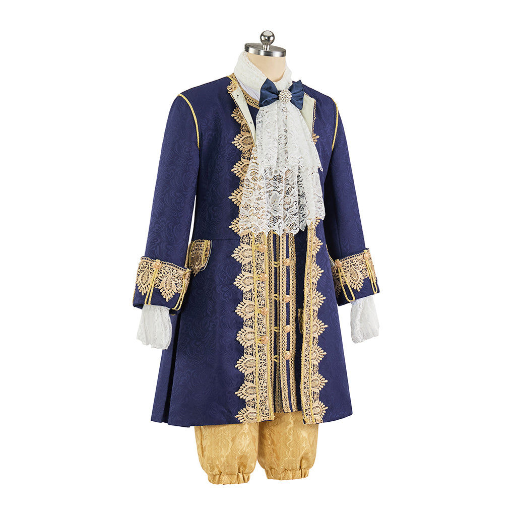 Medieval Renaissance Royal Blue and Gold Brocade Court Suit with Lace Trim for Theatrical Performances and Halloween Christmas