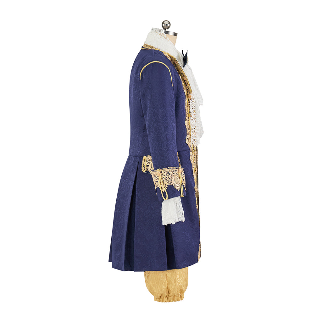 Medieval Renaissance Royal Blue and Gold Brocade Court Suit with Lace Trim for Theatrical Performances and Halloween Christmas
