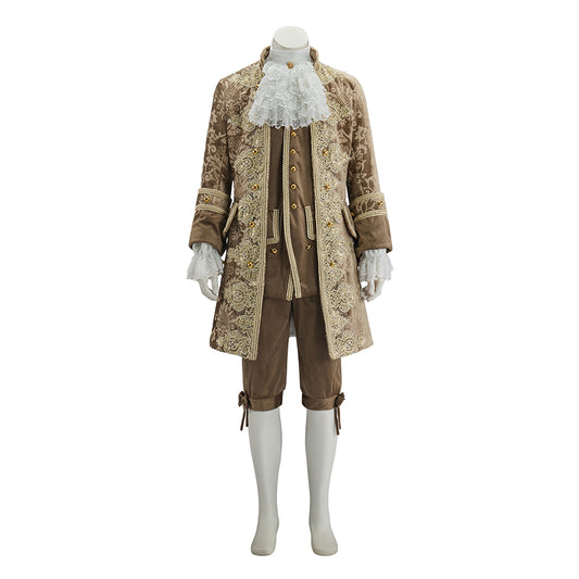 Baroque Inspired Brown Brocade Gentleman's Suit with Lace Jabot and Breeches for Halloween Christmas Themed Banquets