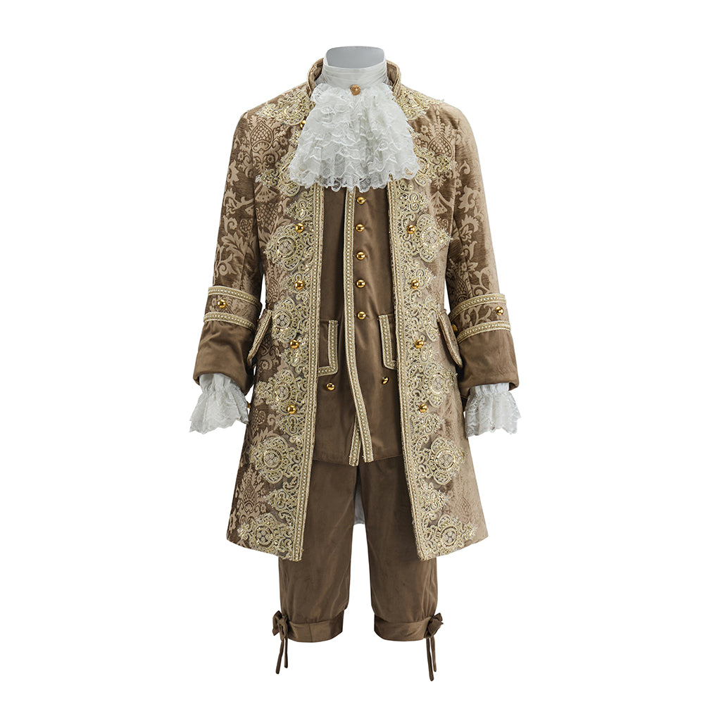 Baroque Inspired Brown Brocade Gentleman's Suit with Lace Jabot and Breeches for Halloween Christmas Themed Banquets