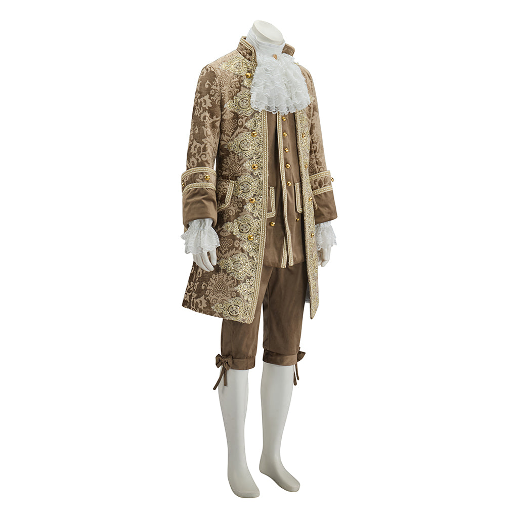 Baroque Inspired Brown Brocade Gentleman's Suit with Lace Jabot and Breeches for Halloween Christmas Themed Banquets