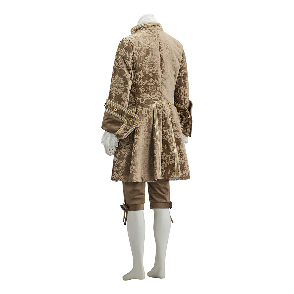 Baroque Inspired Brown Brocade Gentleman's Suit with Lace Jabot and Breeches for Halloween Christmas Themed Banquets