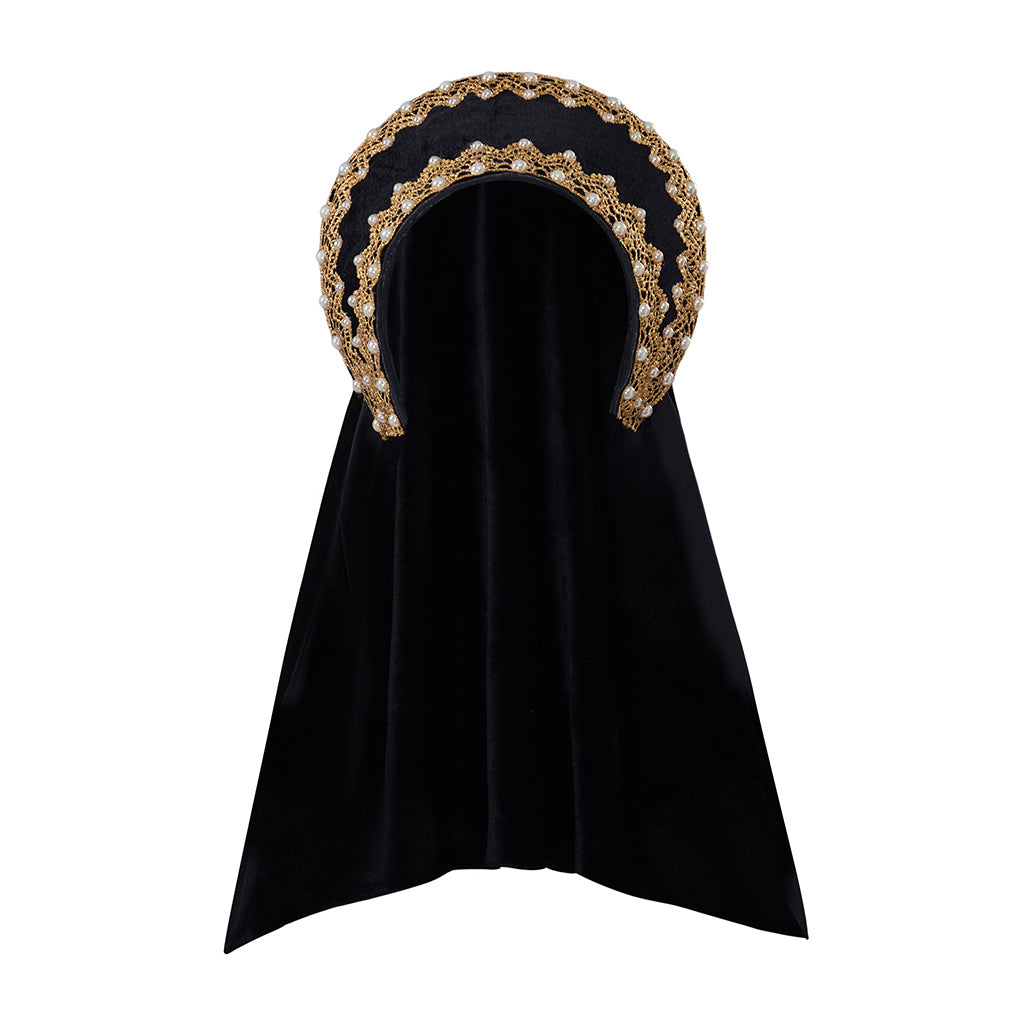 Medieval Style Black Velvet Hooded Cloak with Gold Embellished Headband Detailing for Historical Reenactments Cosplay Events Halloween Christmas