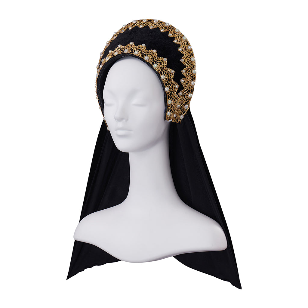 Medieval Style Black Velvet Hooded Cloak with Gold Embellished Headband Detailing for Historical Reenactments Cosplay Events Halloween Christmas