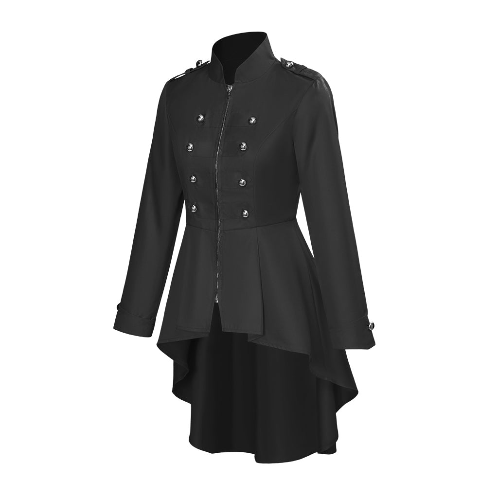 Medieval Black Tailored Coat with Ornate Buttons and Asymmetric Hem for Historical Reenactments Medieval Themed Events Halloween and Christmas
