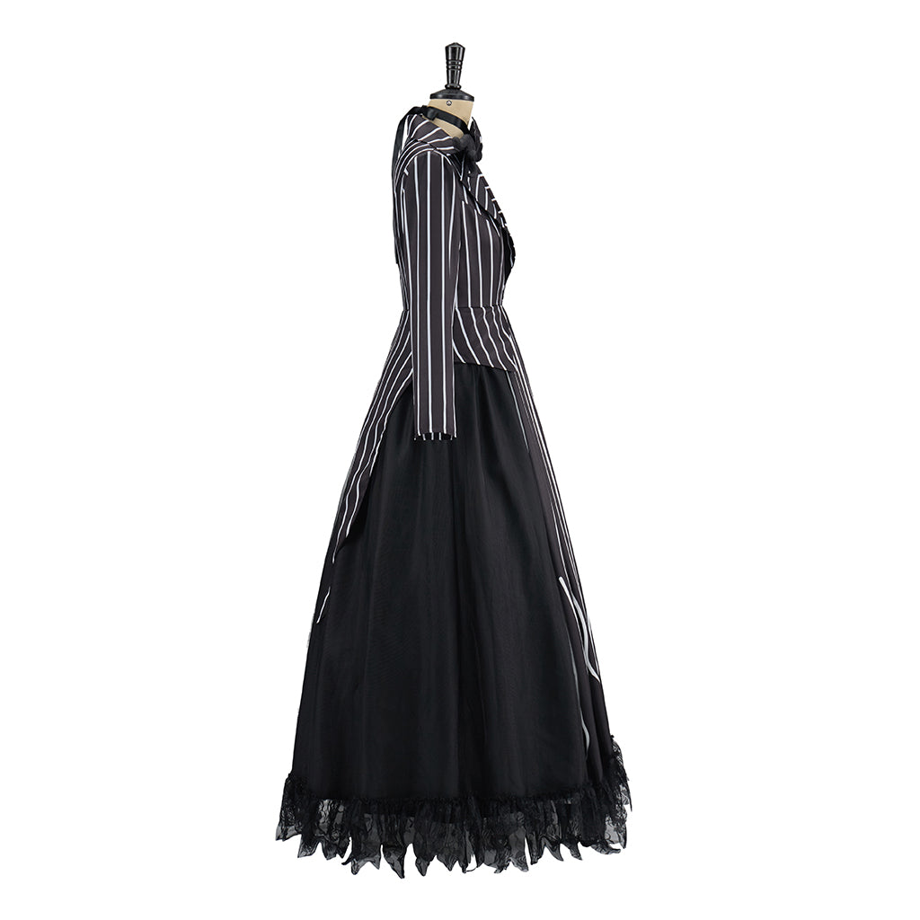 Gothic Inspired Black Long Sleeve Maxi Dress with Flowing Ribbon Details for Halloween Gothic Themed Gatherings Dark Halloween Christmas