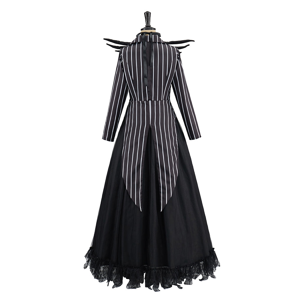 Gothic Inspired Black Long Sleeve Maxi Dress with Flowing Ribbon Details for Halloween Gothic Themed Gatherings Dark Halloween Christmas