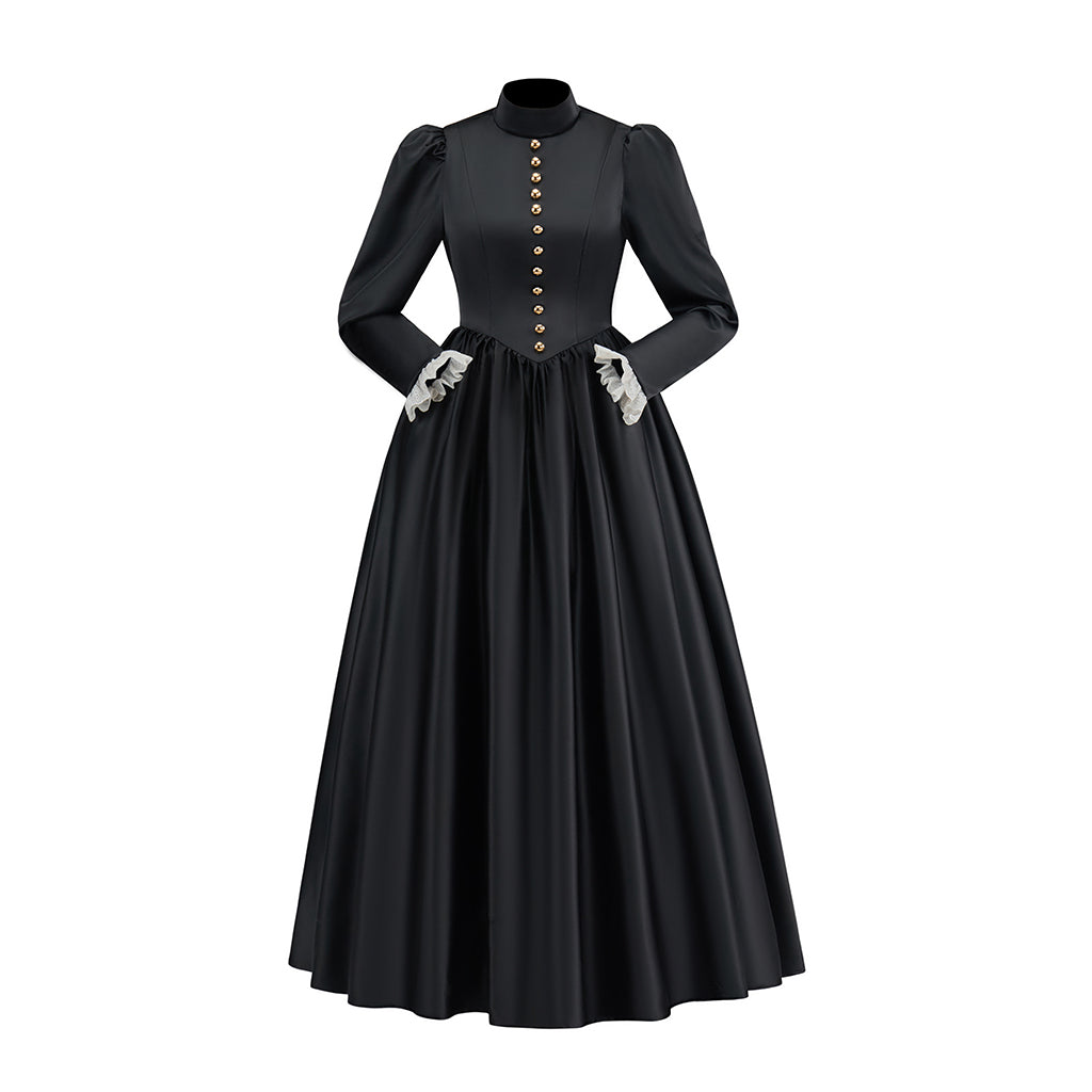 Victorian Inspired Black Long Sleeve Maxi Dress for Gothic Themed Gatherings Historical Reenactments Halloween Victorian Era Events