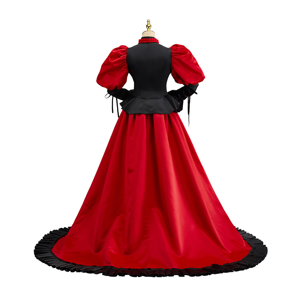 Victorian Gothic Inspired Red Maxi Dress with Black Trim Puff Sleeves and Train for Gothic Themed Gatherings Historical Reenactments Halloween