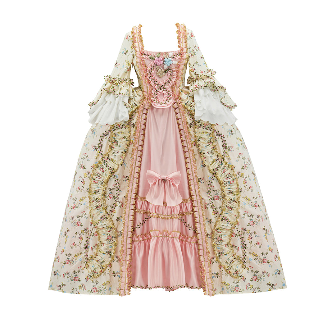 Rococo Inspired Pink Brocade Gown with Gold Embellishments and Layered Skirt for Halloween Christmas Themed Galas