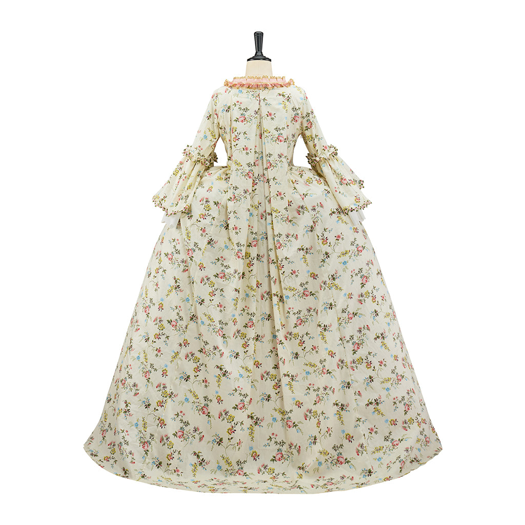 Rococo Inspired Pink Brocade Gown with Gold Embellishments and Layered Skirt for Halloween Christmas Themed Galas