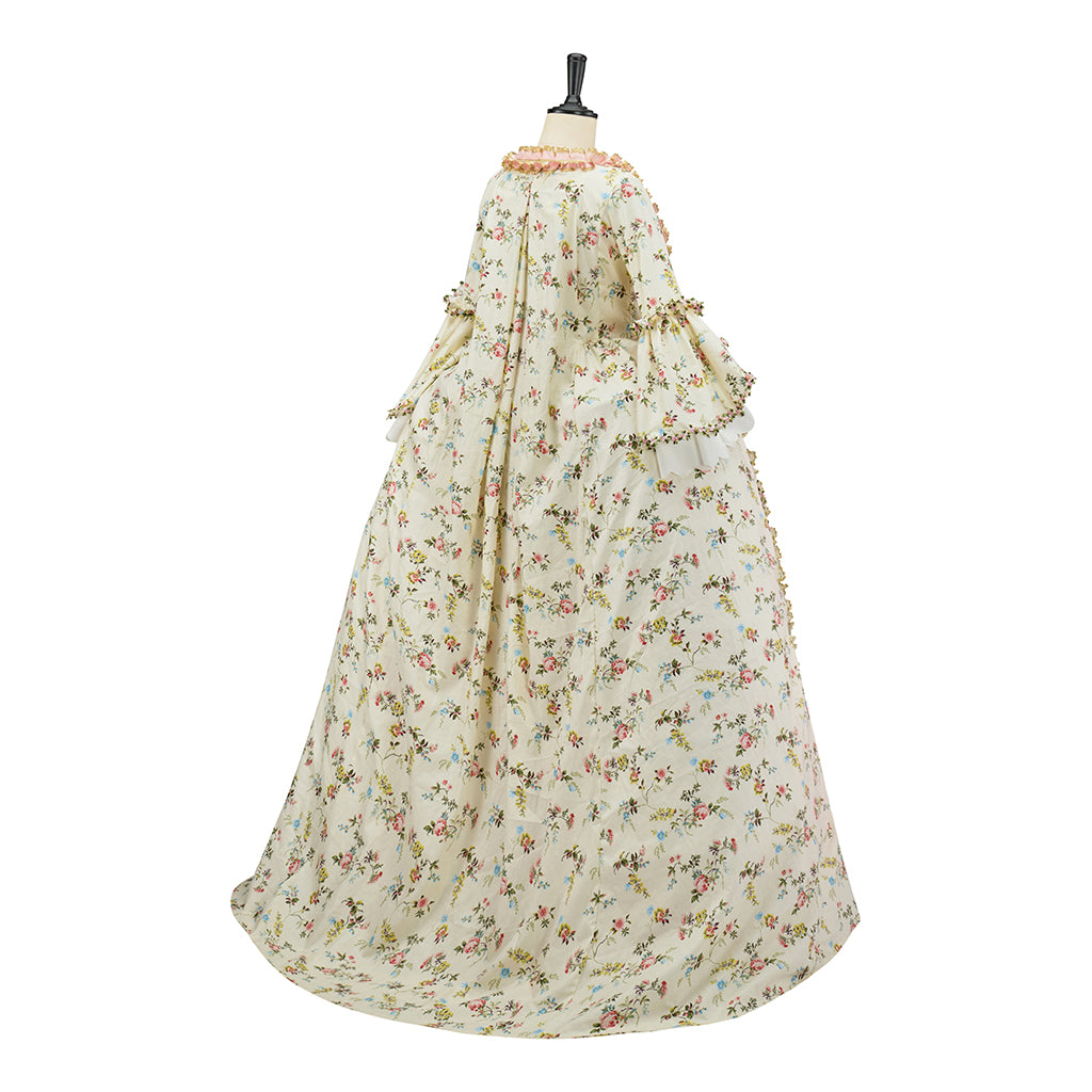 Rococo Inspired Pink Brocade Gown with Gold Embellishments and Layered Skirt for Halloween Christmas Themed Galas