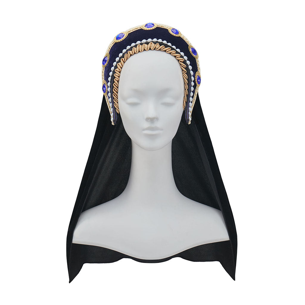 Tudor Inspired Ornate Bejeweled Headband with Black Veil for Historical Reenactments Tudor Themed Gatherings Cosplay Halloween Christmas