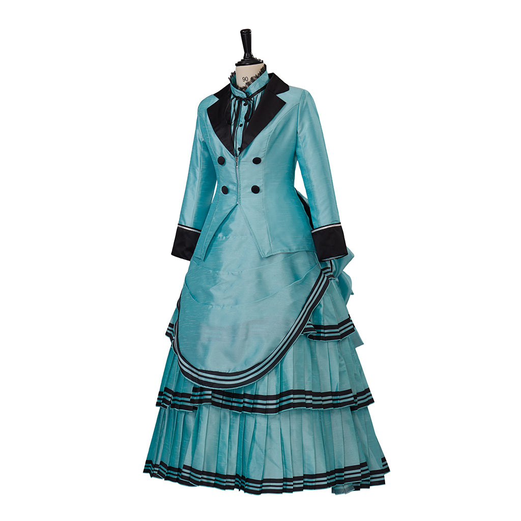 Medieval Style Teal Gown with Black Trim Double Breasted Design for Historical Reenactments Halloween or Christmas