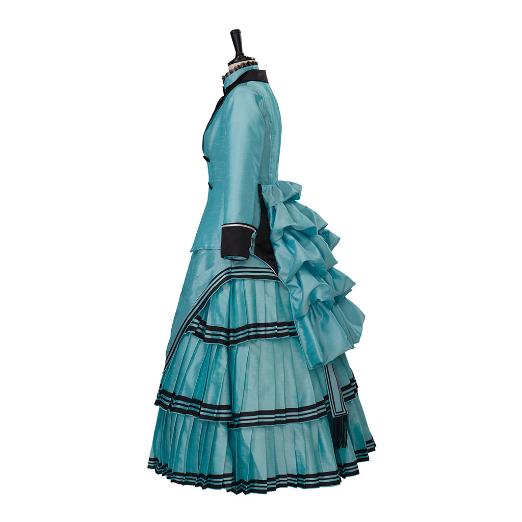 Medieval Style Teal Gown with Black Trim Double Breasted Design for Historical Reenactments Halloween or Christmas