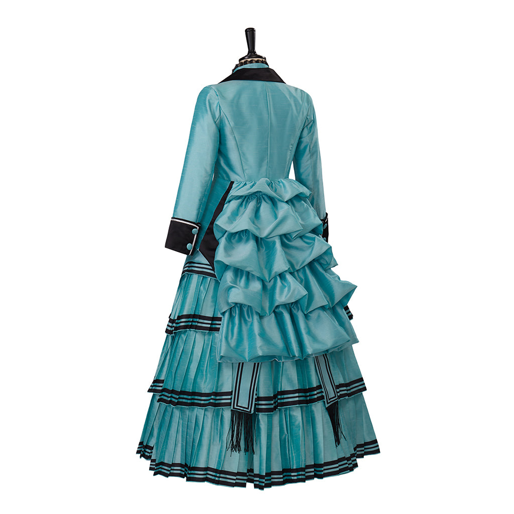 Medieval Style Teal Gown with Black Trim Double Breasted Design for Historical Reenactments Halloween or Christmas