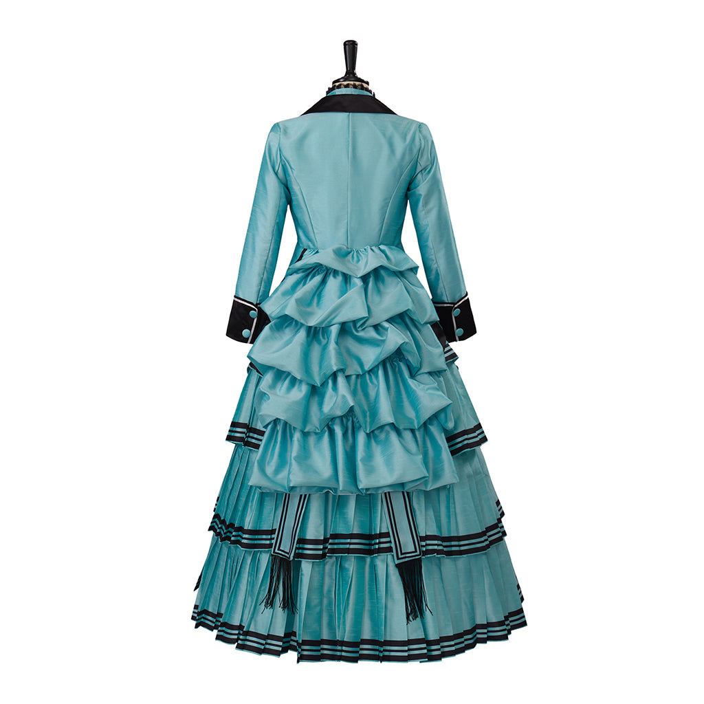 Medieval Style Teal Gown with Black Trim Double Breasted Design for Historical Reenactments Halloween or Christmas